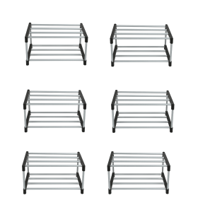 (6 pack)2 Tier Shoe Rack, Black and Silver, 4 Pairs of Shoes, Iron Poles & Plastic Connectors