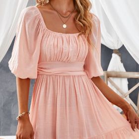 Women's Dresses Lantern Sleeves Dress; Square Neck Ruffle Back Lace Up Summer Dress; Women's Clothing (Color: Pink, size: S(4))