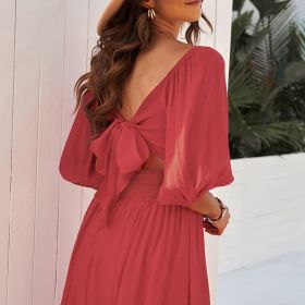 Women's Dresses Lantern Sleeves Dress; Square Neck Ruffle Back Lace Up Summer Dress; Women's Clothing (Color: Red, size: M(6))