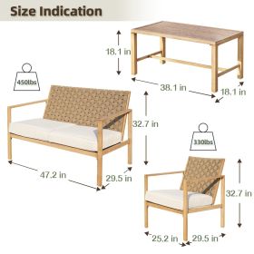 4 Pieces Metal Patio Furniture Set, Hand-Made Drawstring Outdoor Patio Conversation Sets Outside loveseat with Soft Cushion for Garden, Backyard (Main Material: Iron, Main Color: Wood)