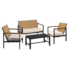 4 Pieces Metal Patio Furniture Set, Hand-Made Drawstring Outdoor Patio Conversation Sets Outside loveseat with Soft Cushion for Garden, Backyard (Main Material: Iron, Main Color: Black + Dark Walnut)